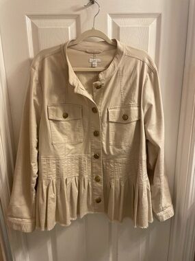 J. Jill Cream Utility Jacket with Pleated Hem and Gold Buttons